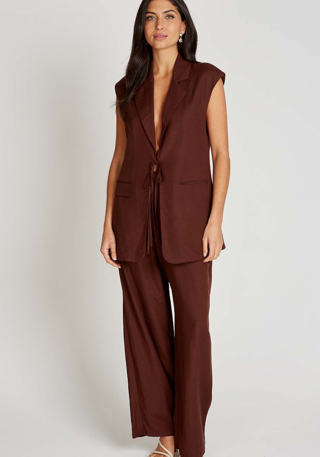 Little Mistress Chocolate Brown Waistcoat With Linen - Brown 1 Shaws Department Stores