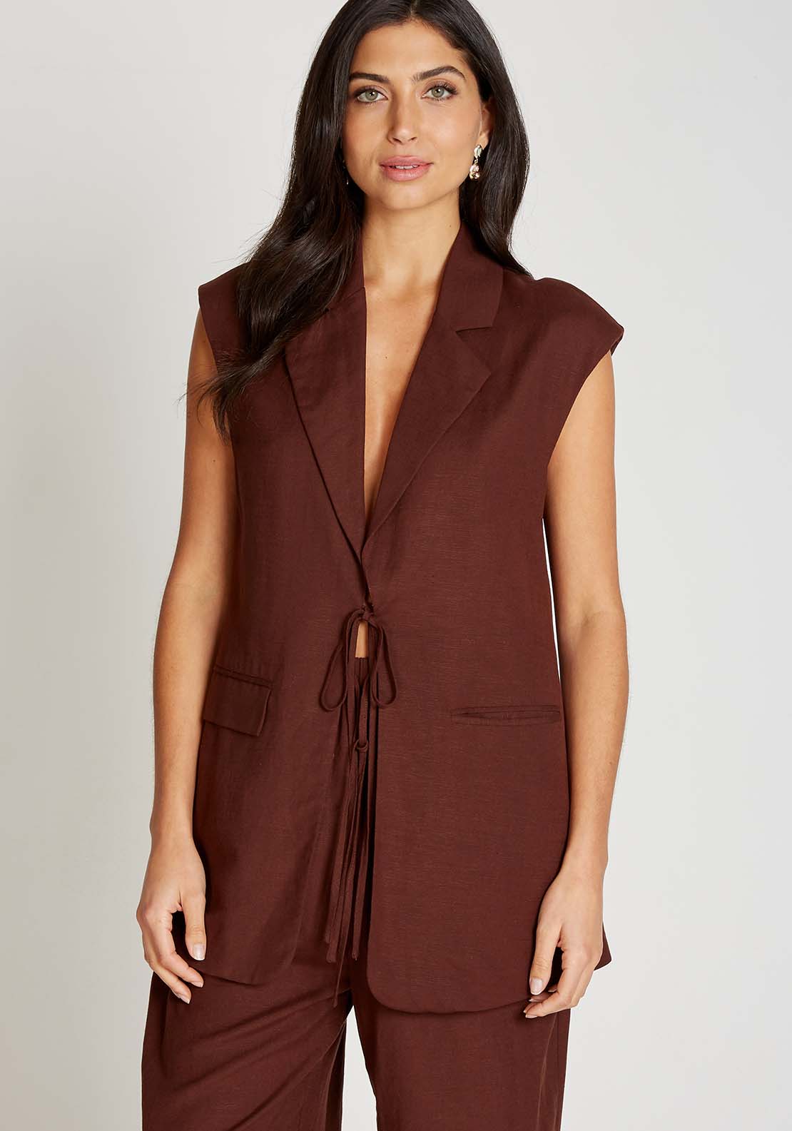 Little Mistress Chocolate Brown Waistcoat With Linen - Brown 3 Shaws Department Stores