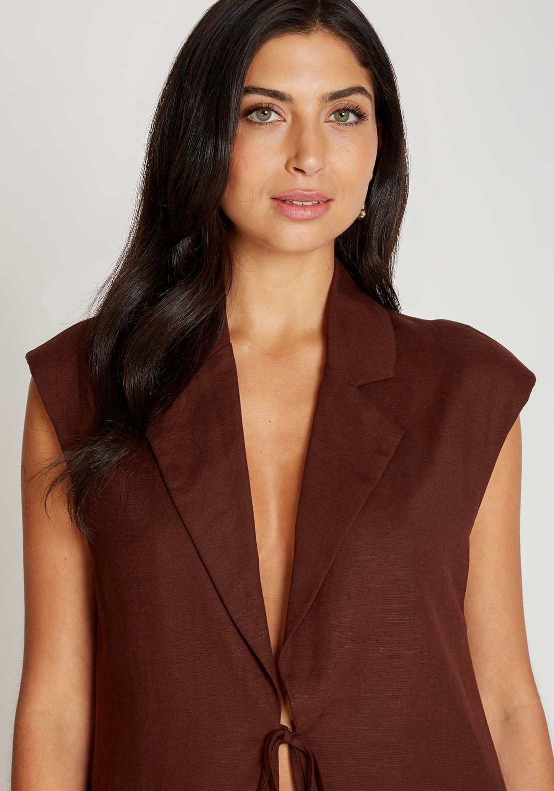Little Mistress Chocolate Brown Waistcoat With Linen - Brown 4 Shaws Department Stores