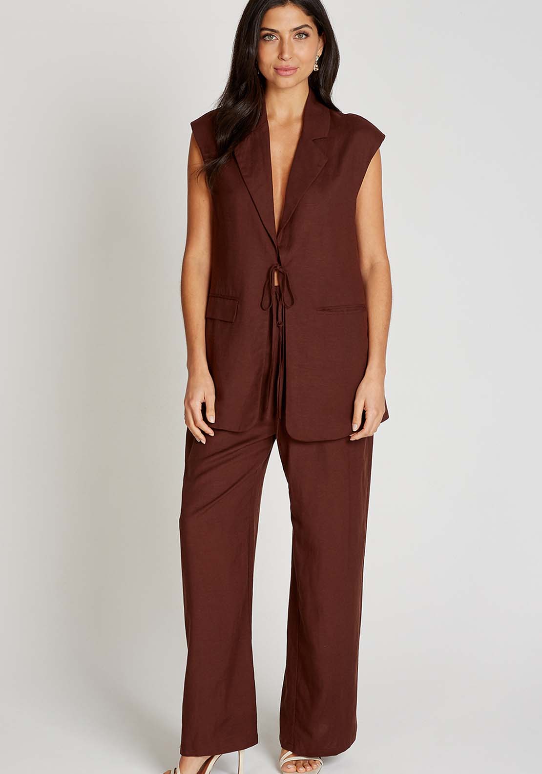 Little Mistress Chocolate Brown Wide Leg Trousers With Linen - Brown 1 Shaws Department Stores