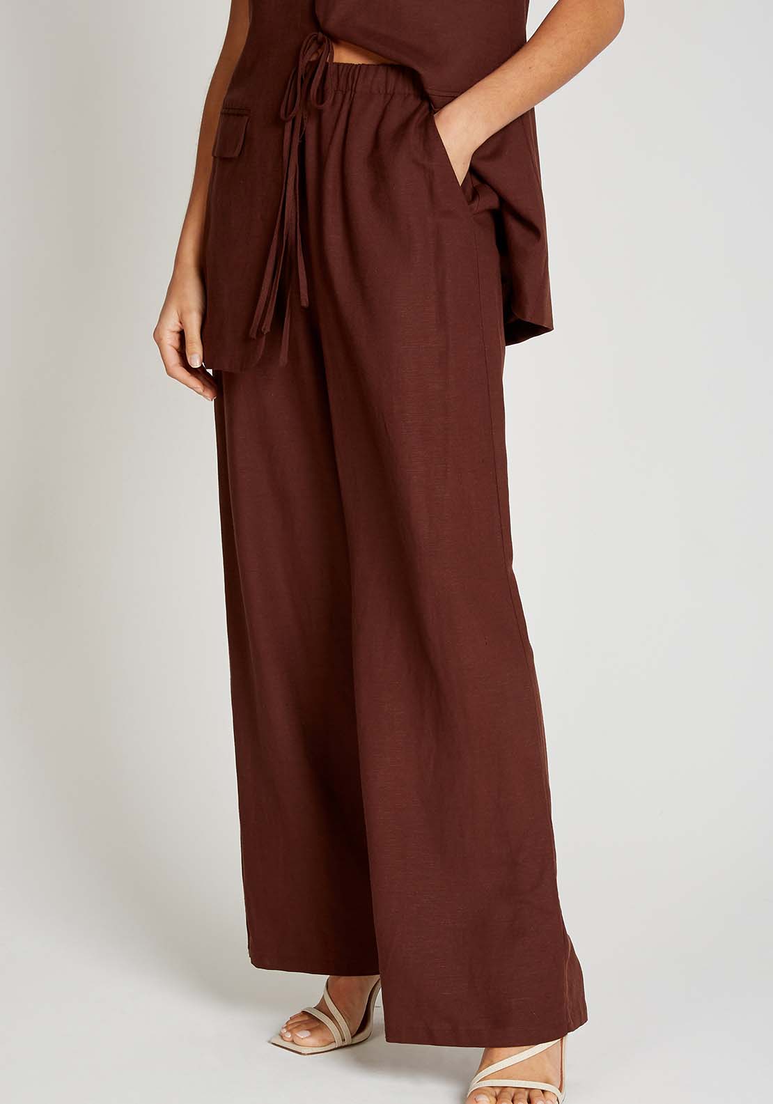 Little Mistress Chocolate Brown Wide Leg Trousers With Linen - Brown 3 Shaws Department Stores