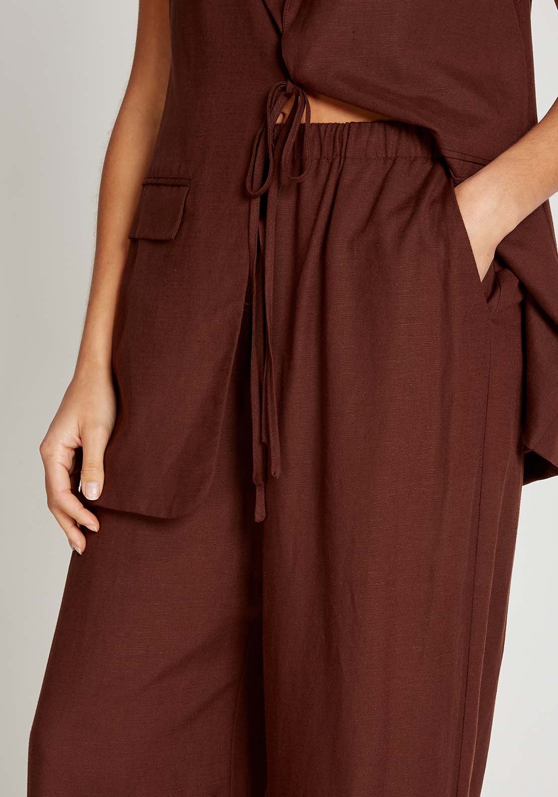 Little Mistress Chocolate Brown Wide Leg Trousers With Linen - Brown 4 Shaws Department Stores