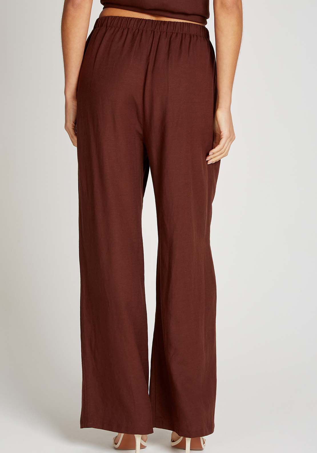 Little Mistress Chocolate Brown Wide Leg Trousers With Linen - Brown 2 Shaws Department Stores