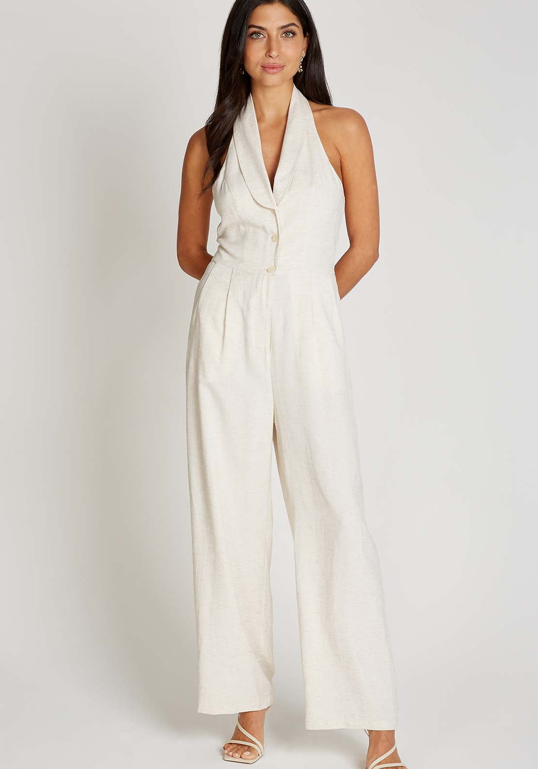 Little Mistress Cream Halter Neck Jumpsuit With Linen - Cream 1 Shaws Department Stores