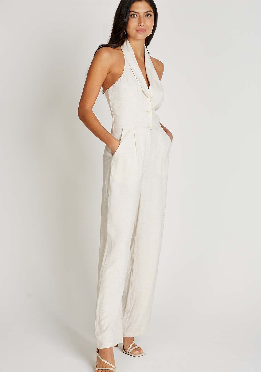 Little Mistress Cream Halter Neck Jumpsuit With Linen - Cream 3 Shaws Department Stores