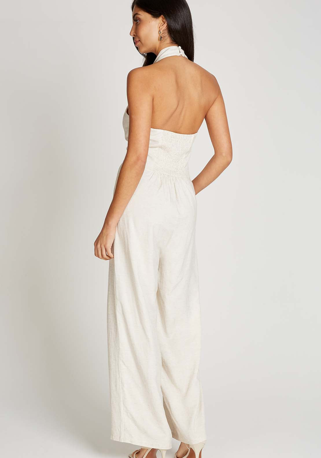 Little Mistress Cream Halter Neck Jumpsuit With Linen - Cream 2 Shaws Department Stores