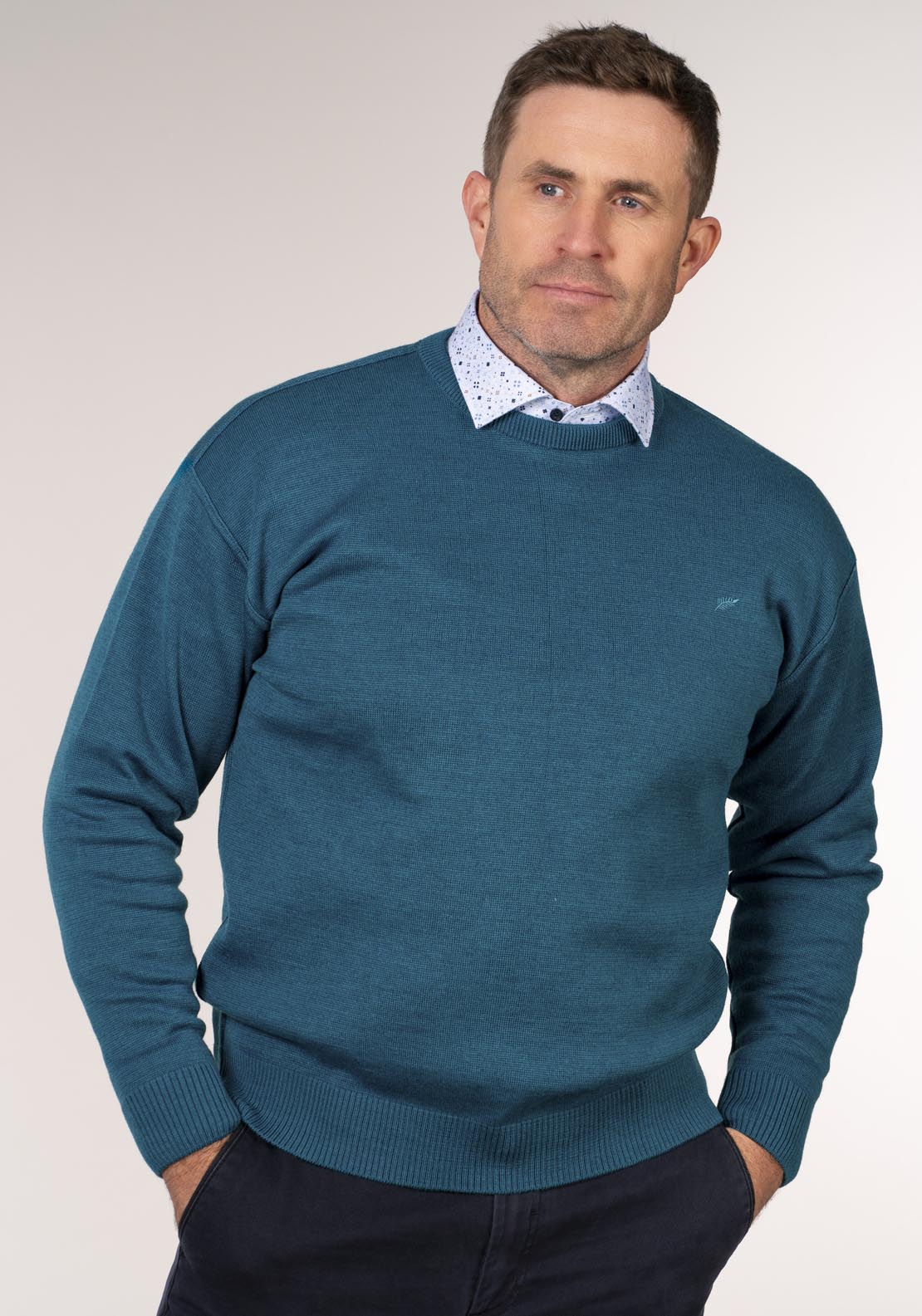 Yeats Plain Crew Neck Knitwear - Torquise 1 Shaws Department Stores