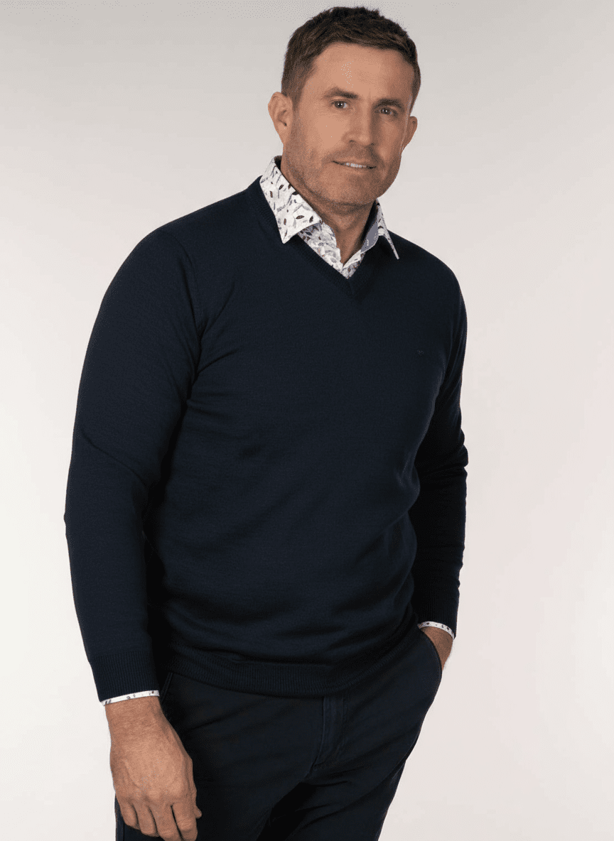 Yeats Merino Plain V Neck Knitwear - Blue 1 Shaws Department Stores