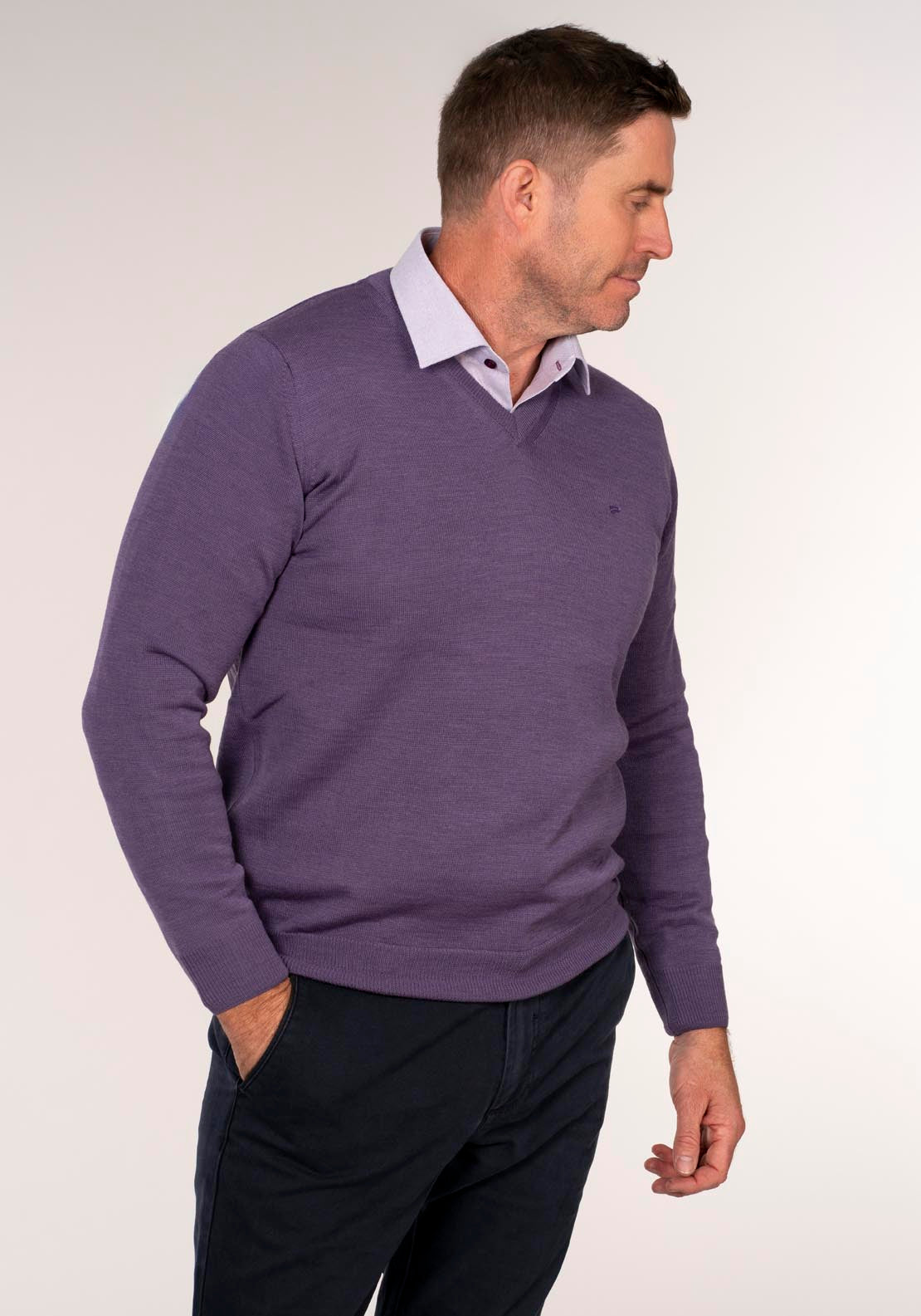 Yeats Merino Plain V Neck Knitwear - Purple 1 Shaws Department Stores