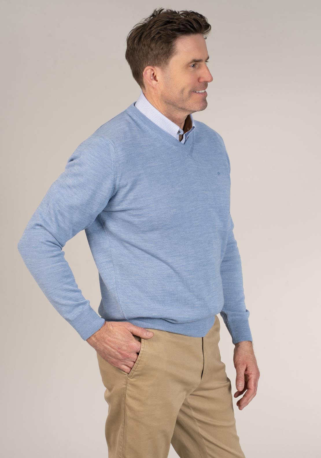 Yeats 50/50 Fine Merino Wool & Acrylic V-Neck Knit - Baby Blue 2 Shaws Department Stores