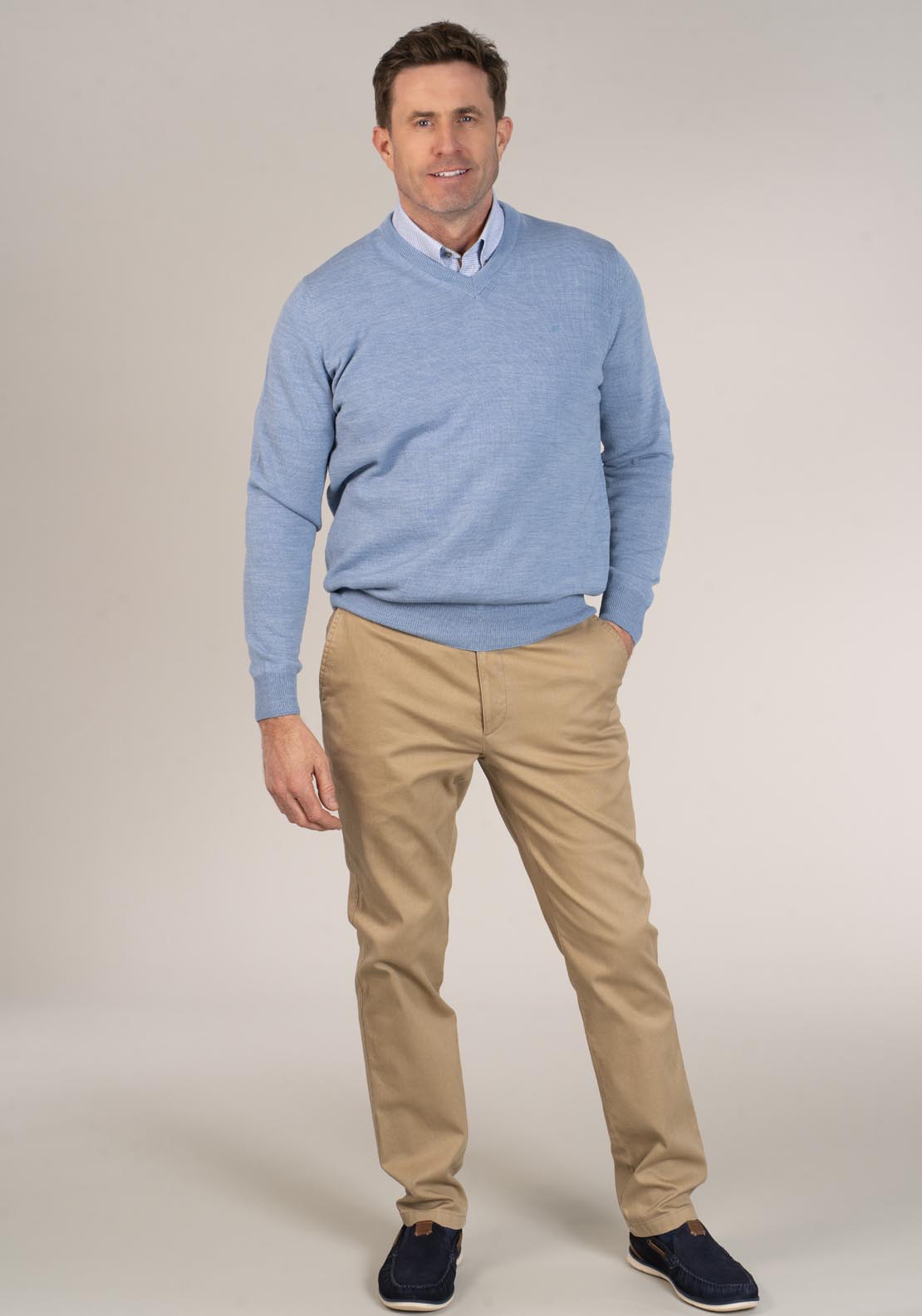 Yeats 50/50 Fine Merino Wool & Acrylic V-Neck Knit - Baby Blue 3 Shaws Department Stores