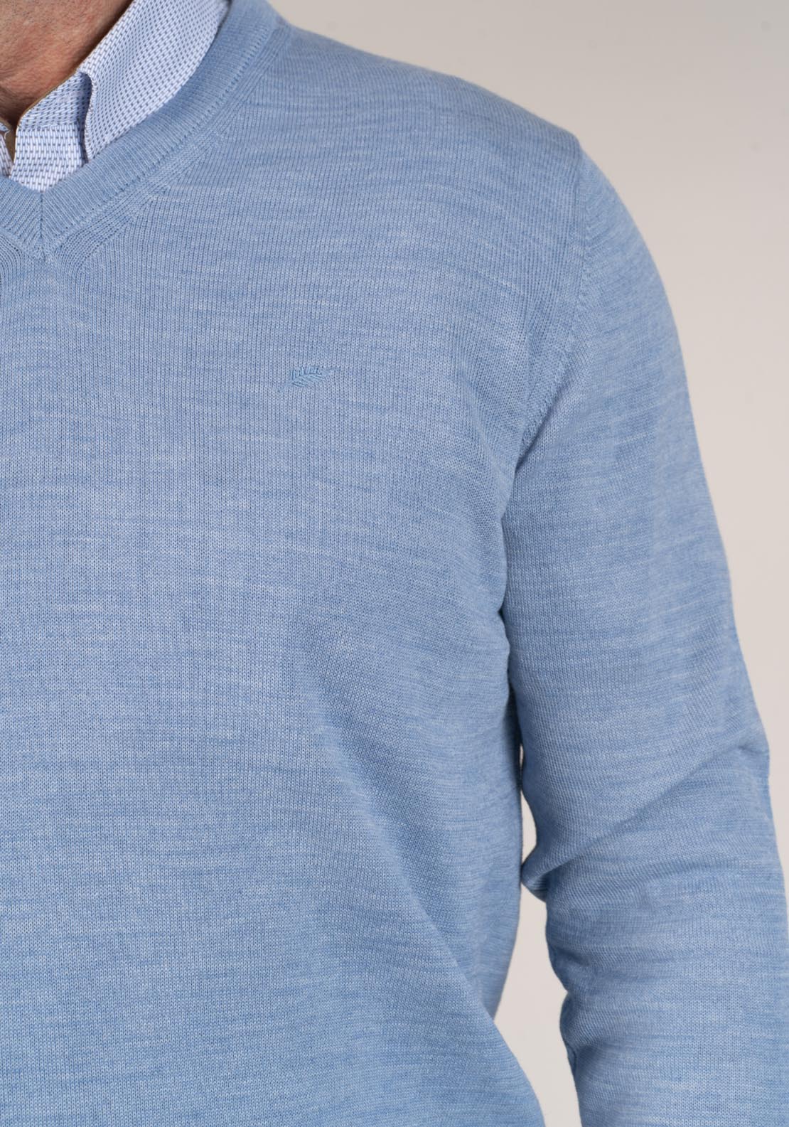 Yeats 50/50 Fine Merino Wool & Acrylic V-Neck Knit - Baby Blue 5 Shaws Department Stores