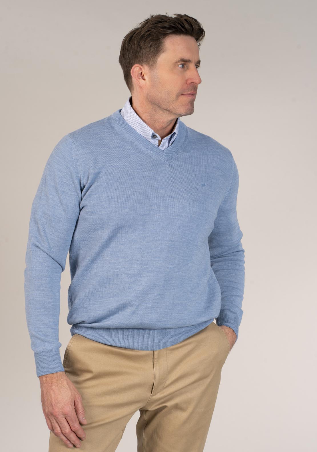 Yeats 50/50 Fine Merino Wool & Acrylic V-Neck Knit - Baby Blue 1 Shaws Department Stores