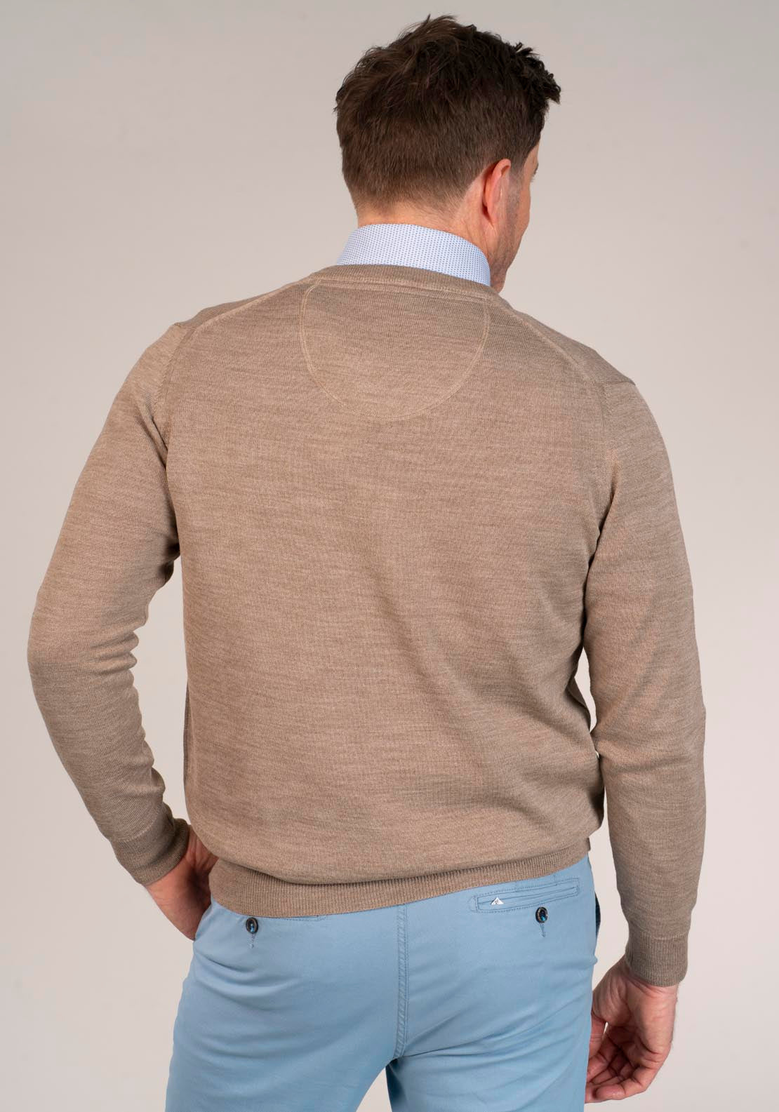Yeats 50/50 Fine Merino Wool & Acrylic V-Neck Knit - Taupe 2 Shaws Department Stores