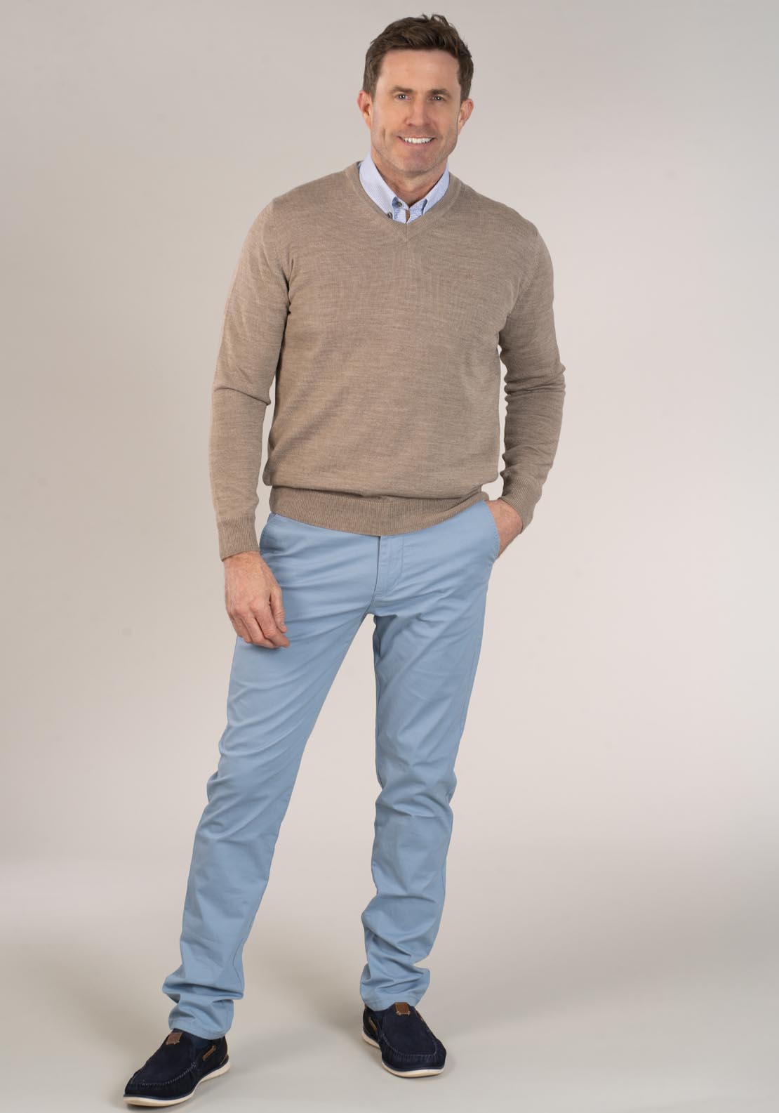 Yeats 50/50 Fine Merino Wool & Acrylic V-Neck Knit - Taupe 5 Shaws Department Stores