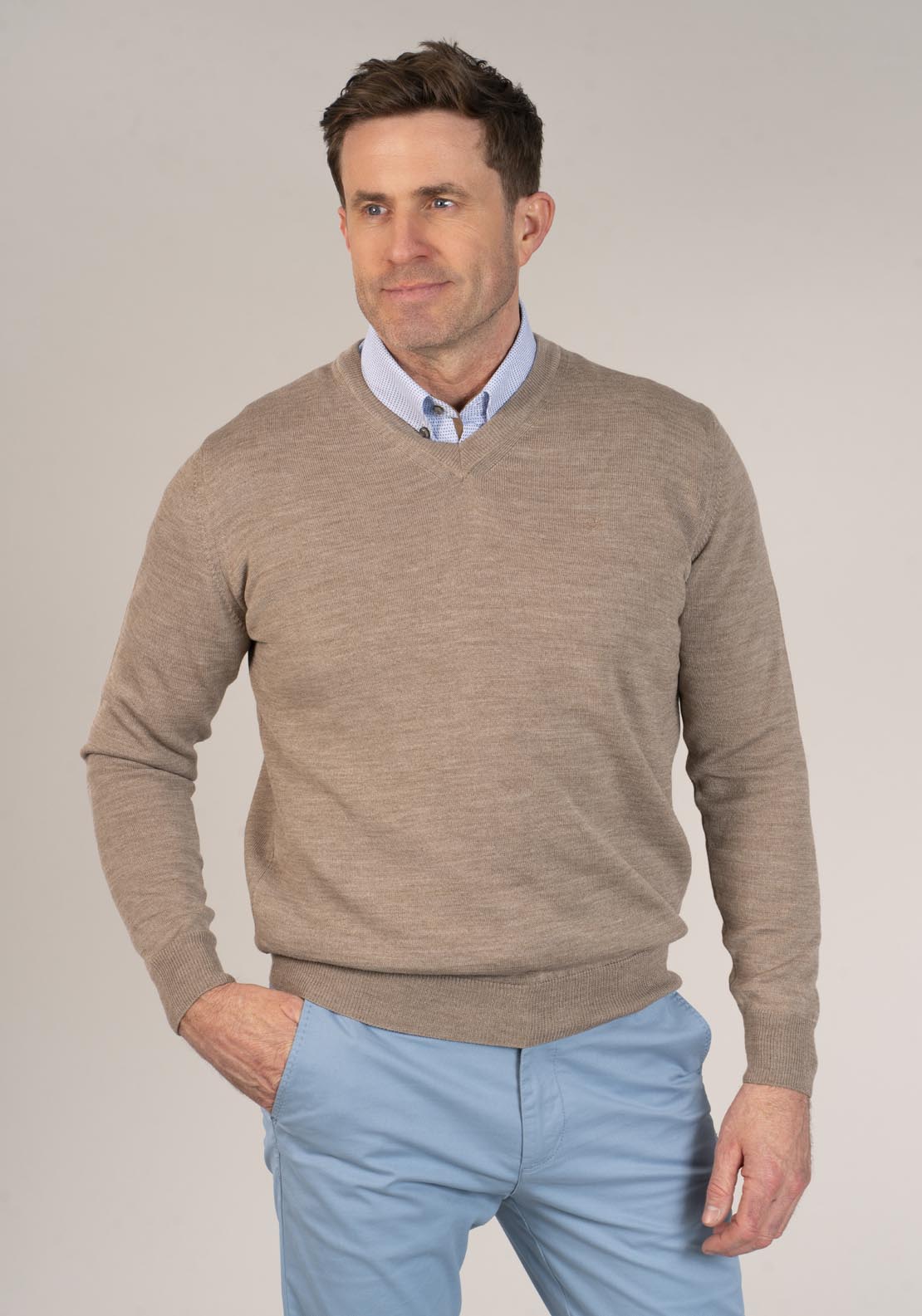 Yeats 50/50 Fine Merino Wool & Acrylic V-Neck Knit - Taupe 4 Shaws Department Stores