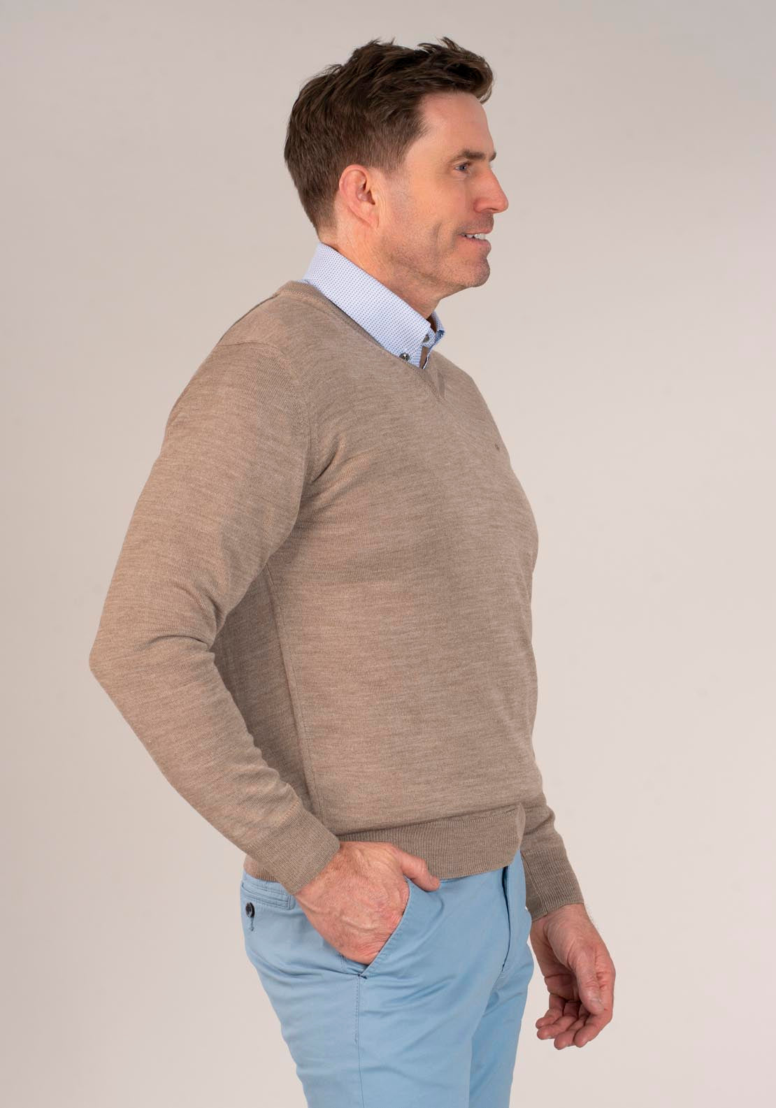 Yeats 50/50 Fine Merino Wool & Acrylic V-Neck Knit - Taupe 3 Shaws Department Stores