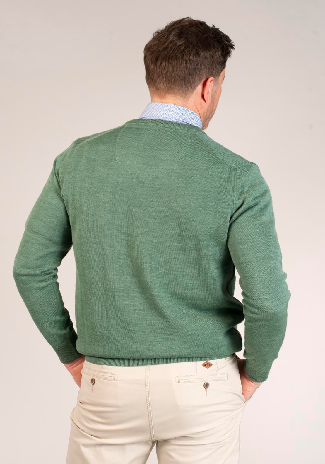 Yeats 50/50 Fine Merino Wool & Acrylic V-Neck Knit - Green 2 Shaws Department Stores