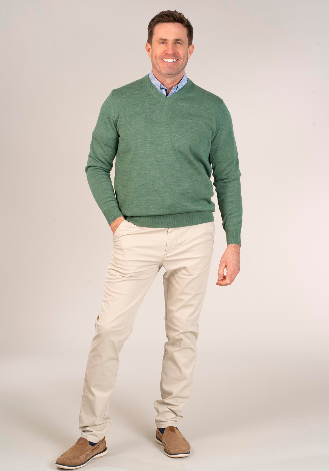 Yeats 50/50 Fine Merino Wool & Acrylic V-Neck Knit - Green 3 Shaws Department Stores