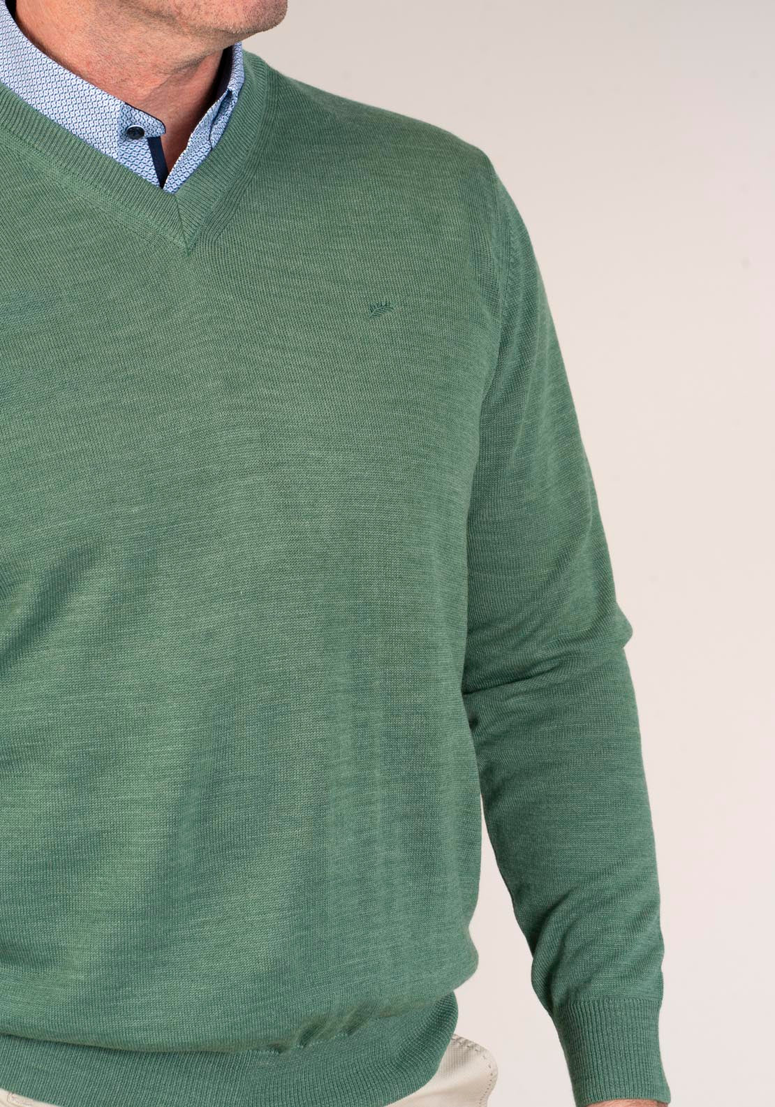 Yeats 50/50 Fine Merino Wool & Acrylic V-Neck Knit - Green 5 Shaws Department Stores