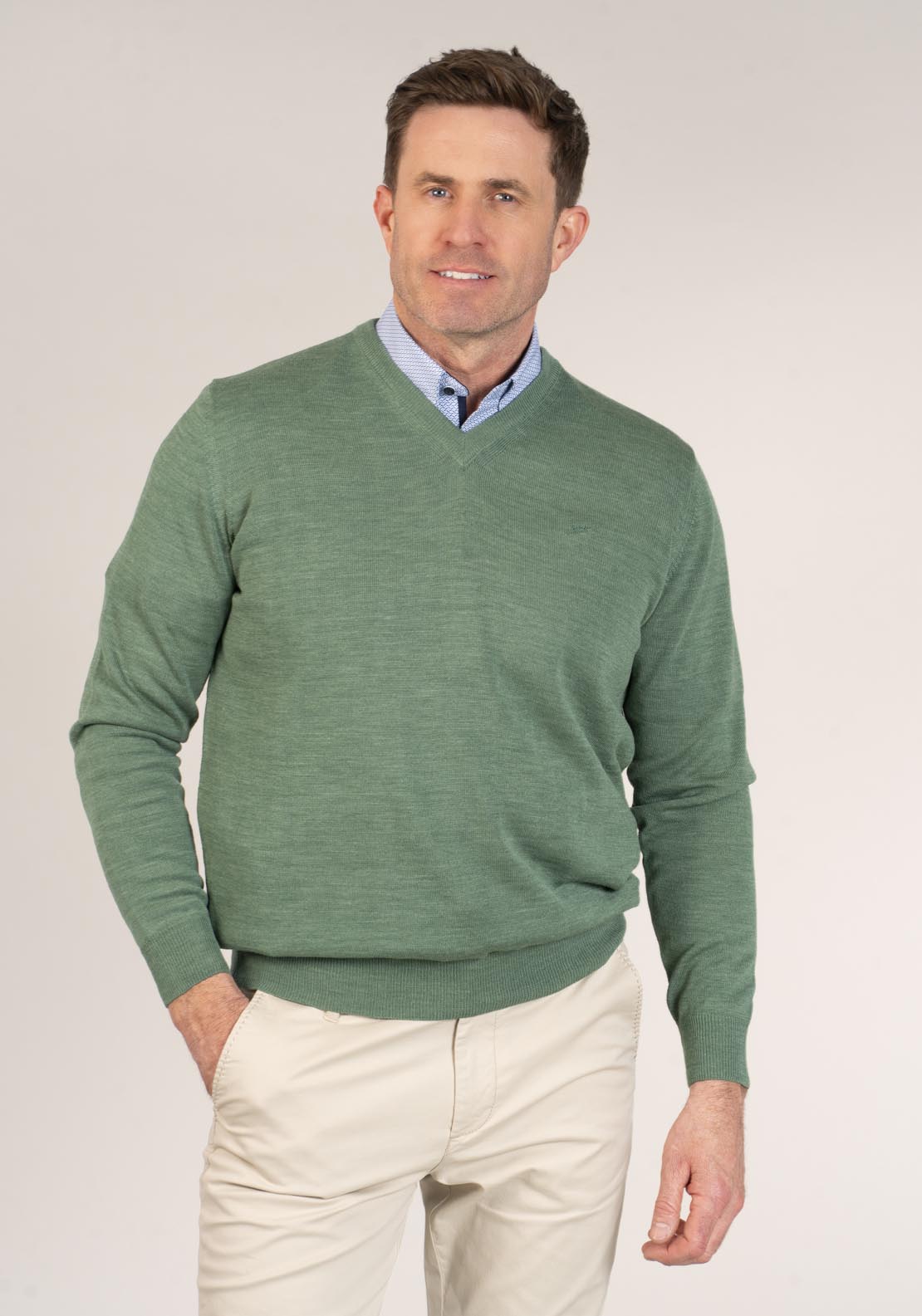 Yeats 50/50 Fine Merino Wool & Acrylic V-Neck Knit - Green 1 Shaws Department Stores