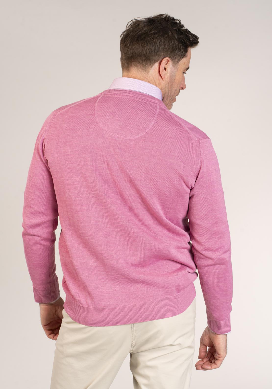 Yeats 50/50 Fine Merino Wool & Acrylic V-Neck Knit - Pink 2 Shaws Department Stores