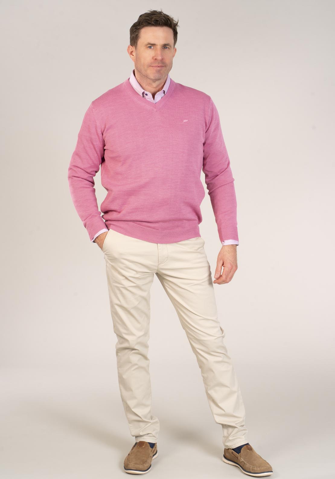 Yeats 50/50 Fine Merino Wool & Acrylic V-Neck Knit - Pink 4 Shaws Department Stores