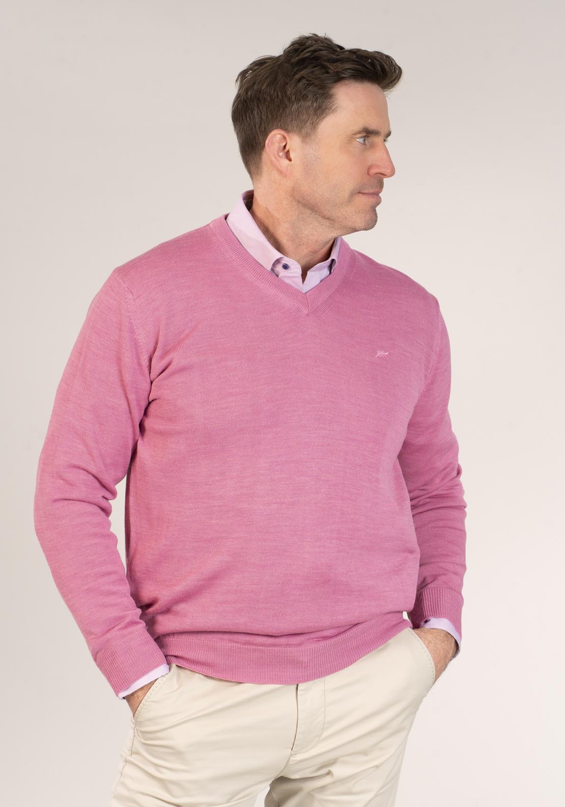 Yeats 50/50 Fine Merino Wool & Acrylic V-Neck Knit - Pink 1 Shaws Department Stores