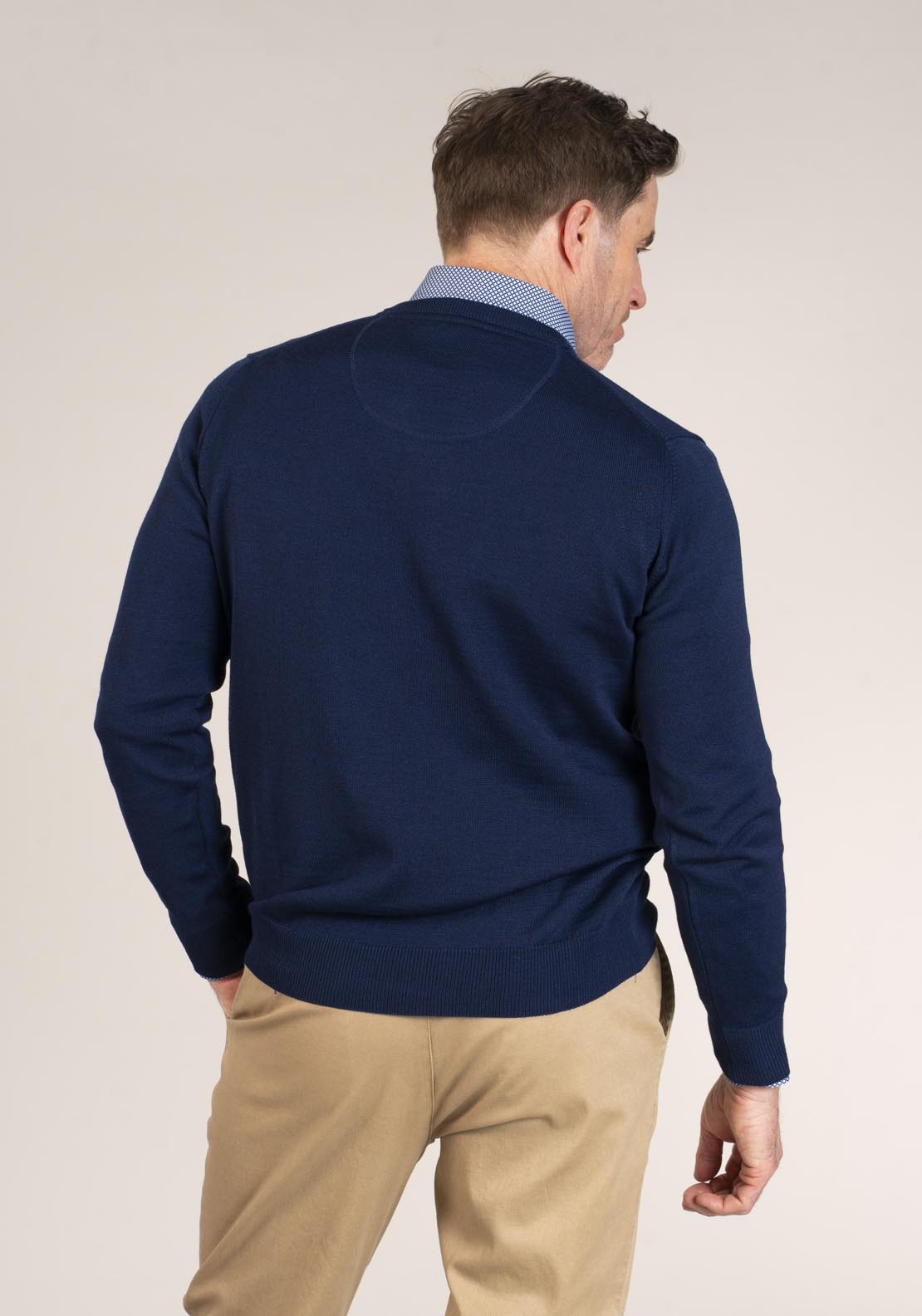 Yeats 50/50 Fine Merino Wool & Acrylic V-Neck Knit - Navy 2 Shaws Department Stores