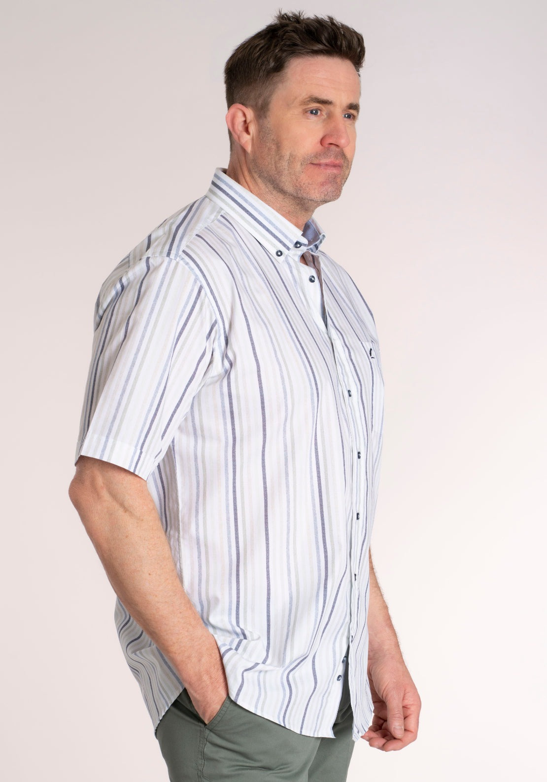 Yeats 100% Cotton Short Sleeve Stripe Shirt - Green Multi 2 Shaws Department Stores