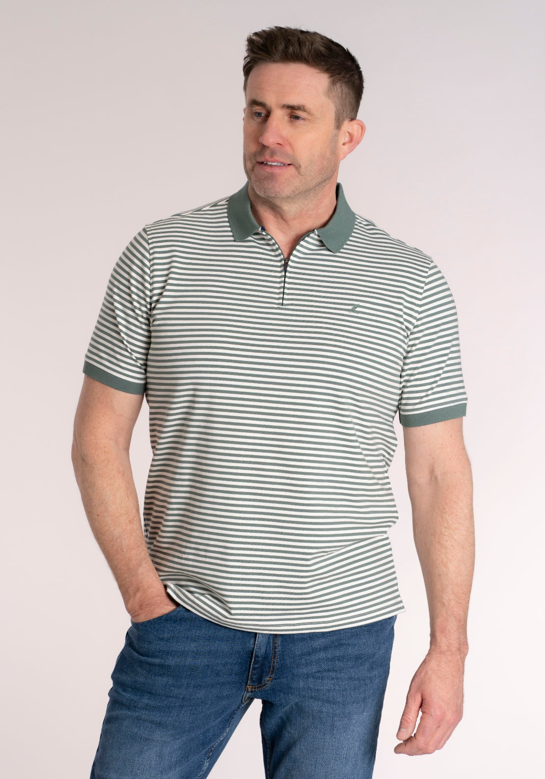 Yeats 100% Cotton Stripe Zip Polo - Green 4 Shaws Department Stores