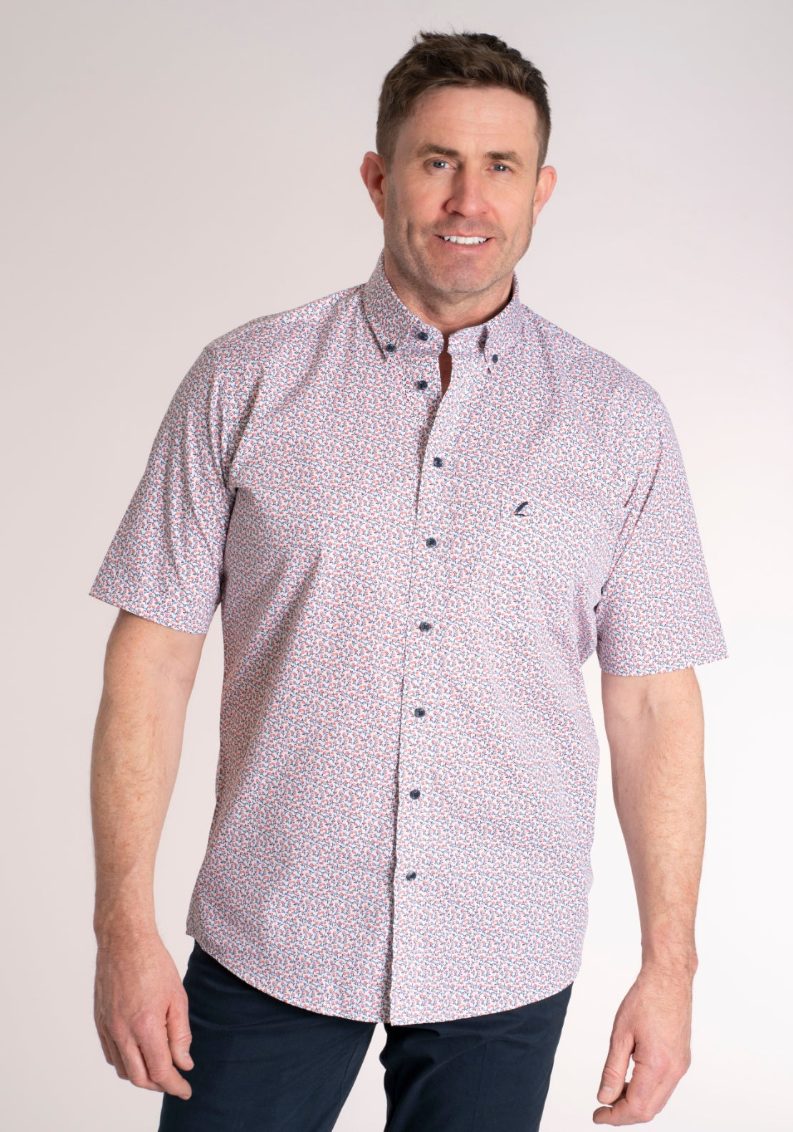 Yeats 100% Cotton Short Sleeve Print Shirt - Pink Rose 1 Shaws Department Stores