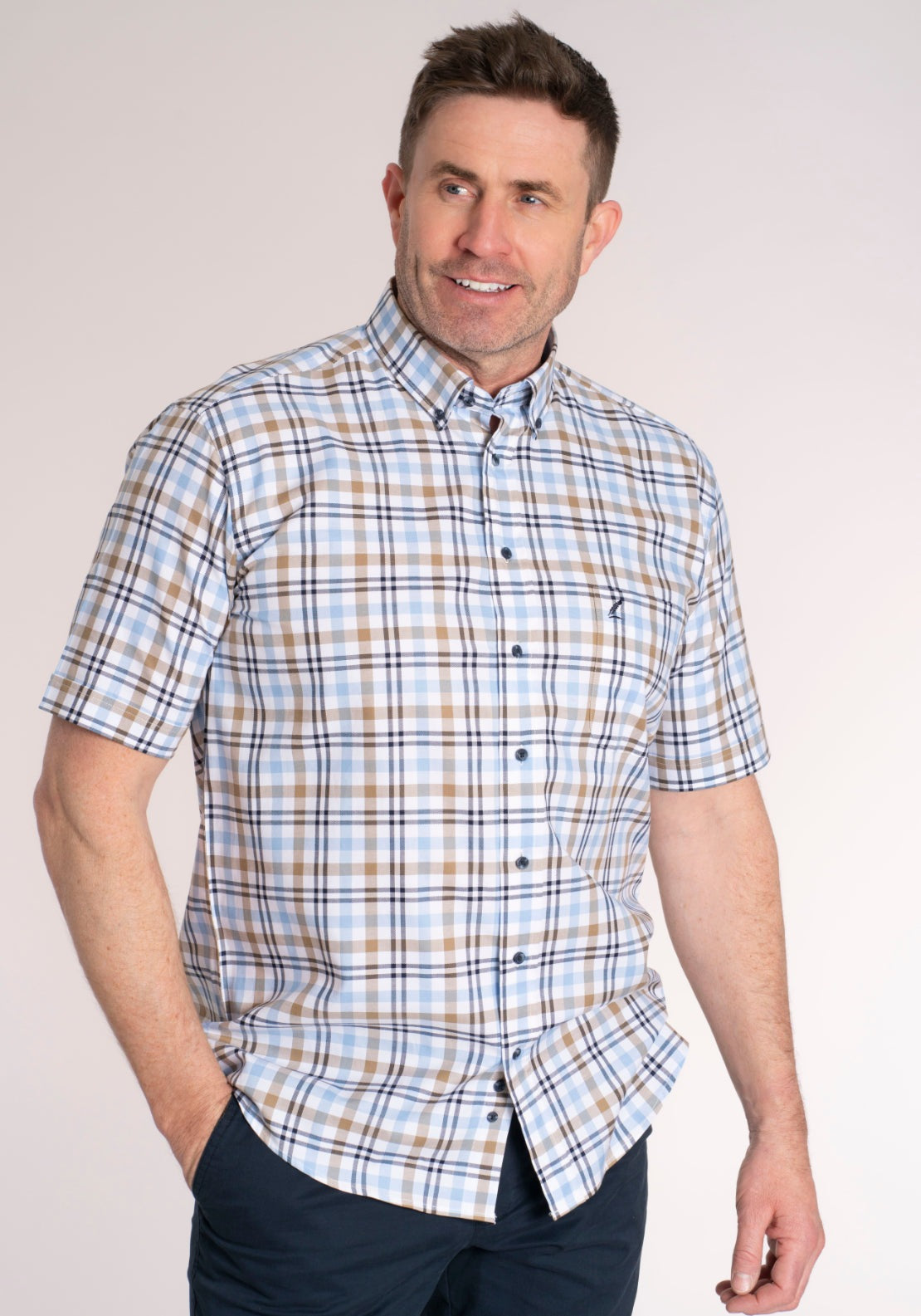 Yeats 100% Cotton Short Sleeve Check Shirt - Brown/blue 1 Shaws Department Stores