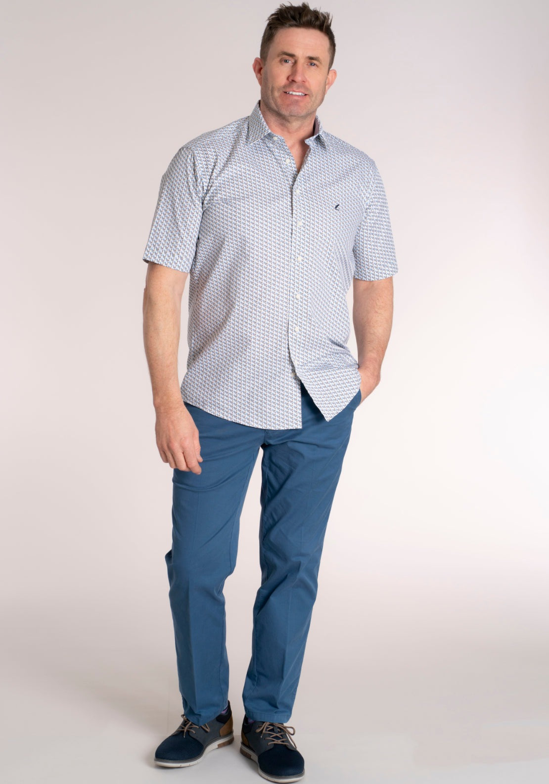 Yeats 100% Cotton Short Sleeve Print Shirt - Sand Blue 5 Shaws Department Stores