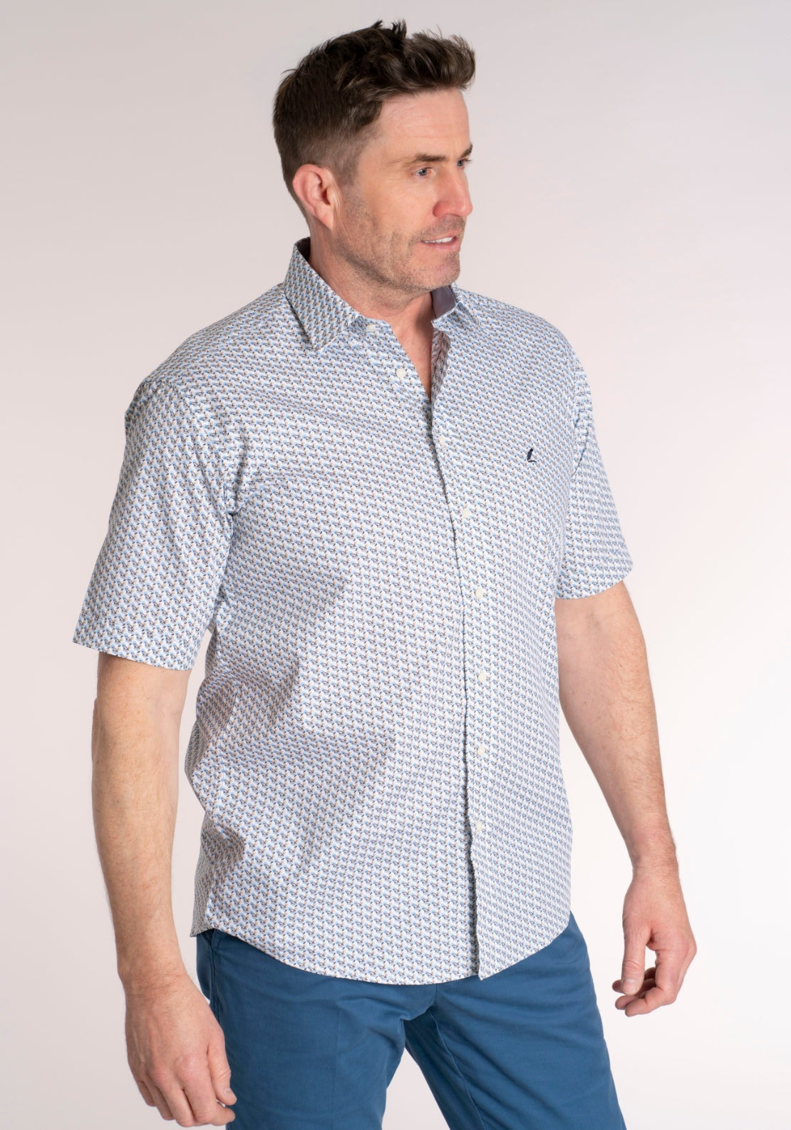 Yeats 100% Cotton Short Sleeve Print Shirt - Sand Blue 1 Shaws Department Stores