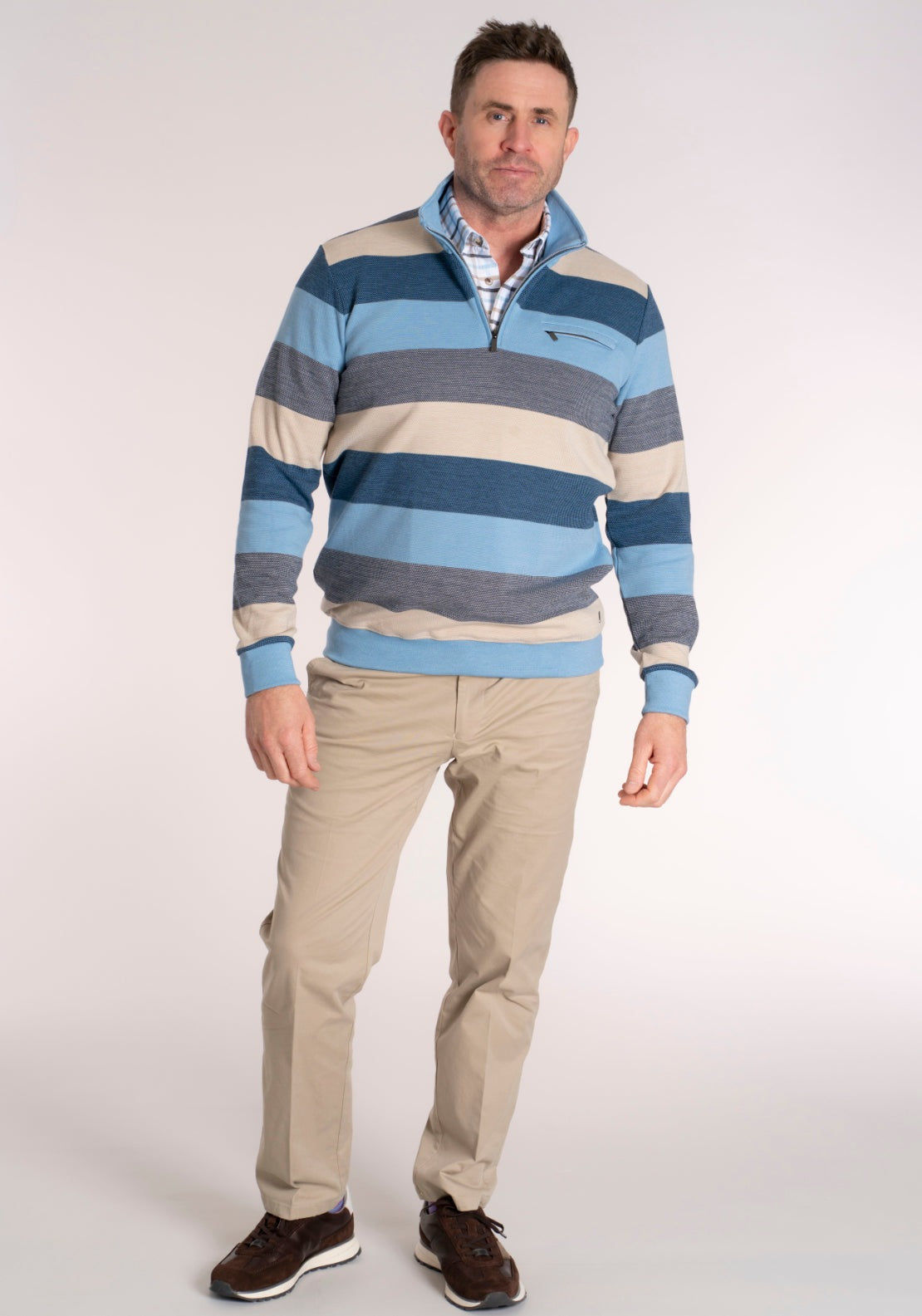 Yeats 1/4 Zip Stripe Sweat - Blue / Beige 6 Shaws Department Stores