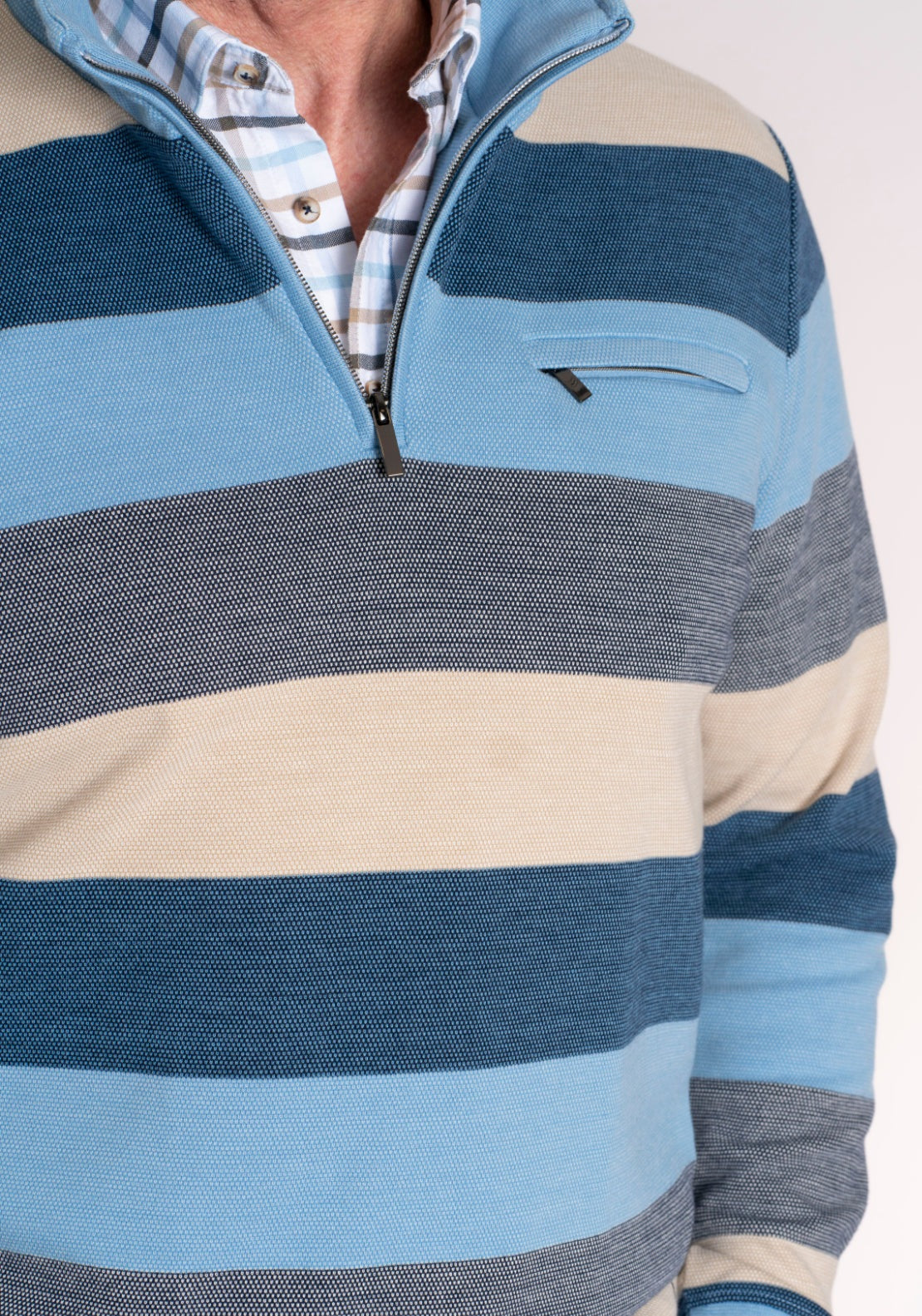 Yeats 1/4 Zip Stripe Sweat - Blue / Beige 4 Shaws Department Stores