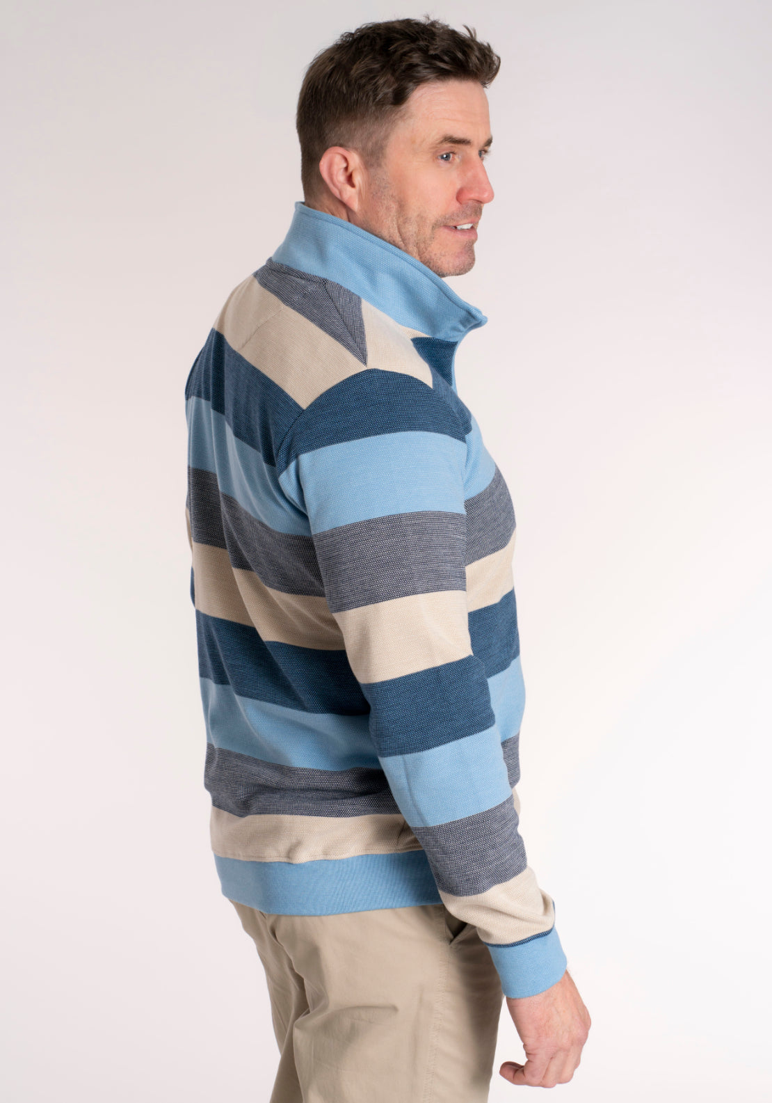 Yeats 1/4 Zip Stripe Sweat - Blue / Beige 3 Shaws Department Stores