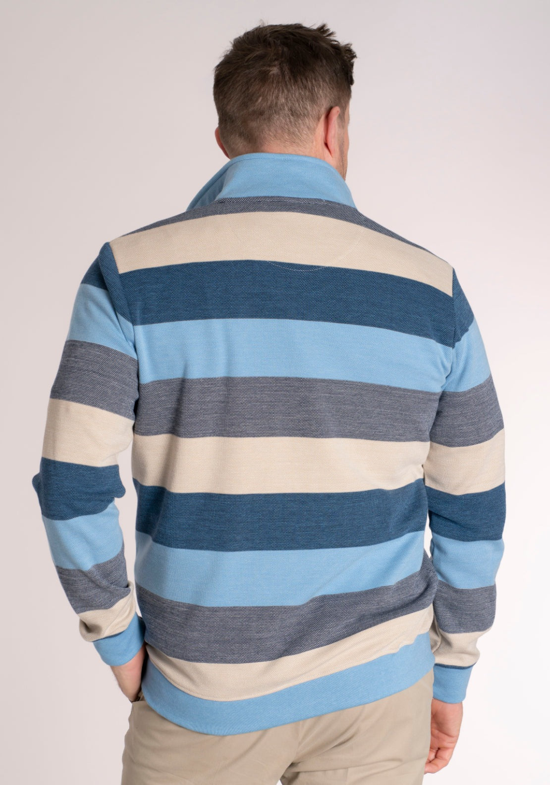 Yeats 1/4 Zip Stripe Sweat - Blue / Beige 2 Shaws Department Stores