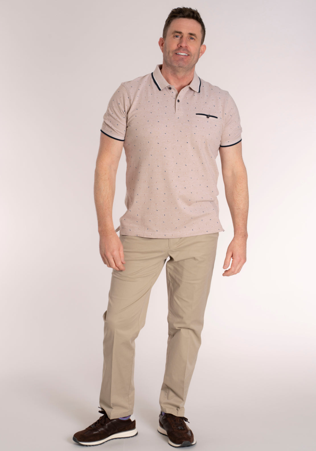 Yeats 100% Cotton Short Sleeve Print Polo - Beige 6 Shaws Department Stores