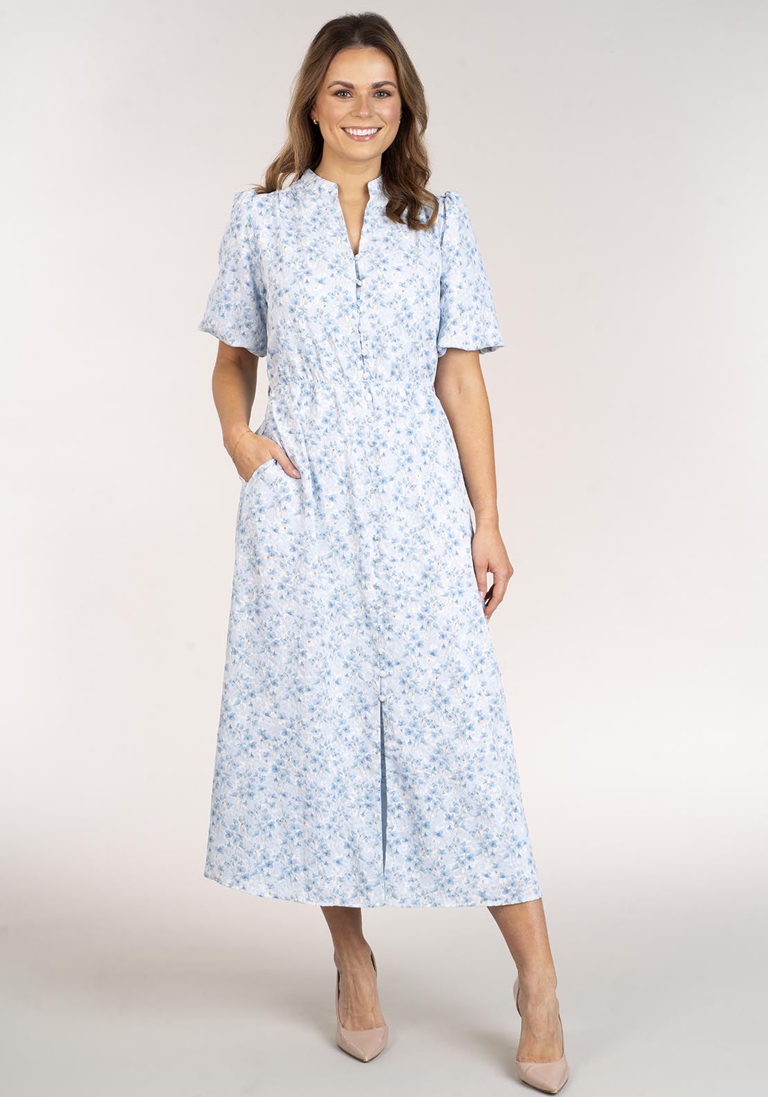 Naoise Printed Dress With Buttons - Blue 3 Shaws Department Stores
