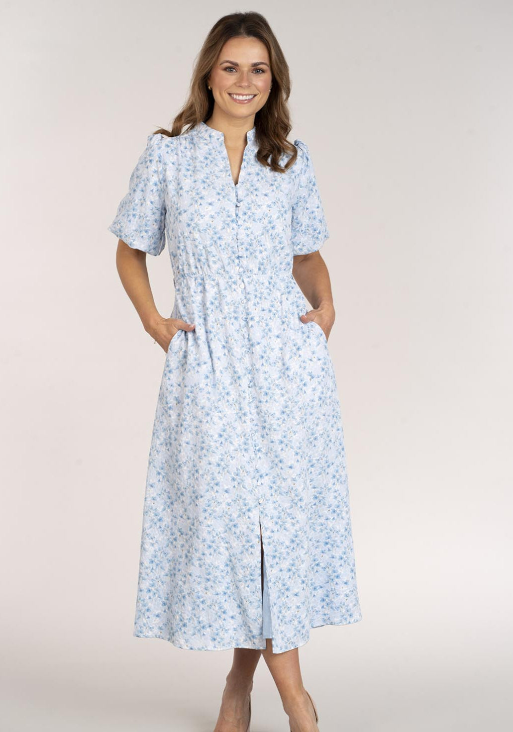 Naoise Printed Dress With Buttons - Blue 1 Shaws Department Stores