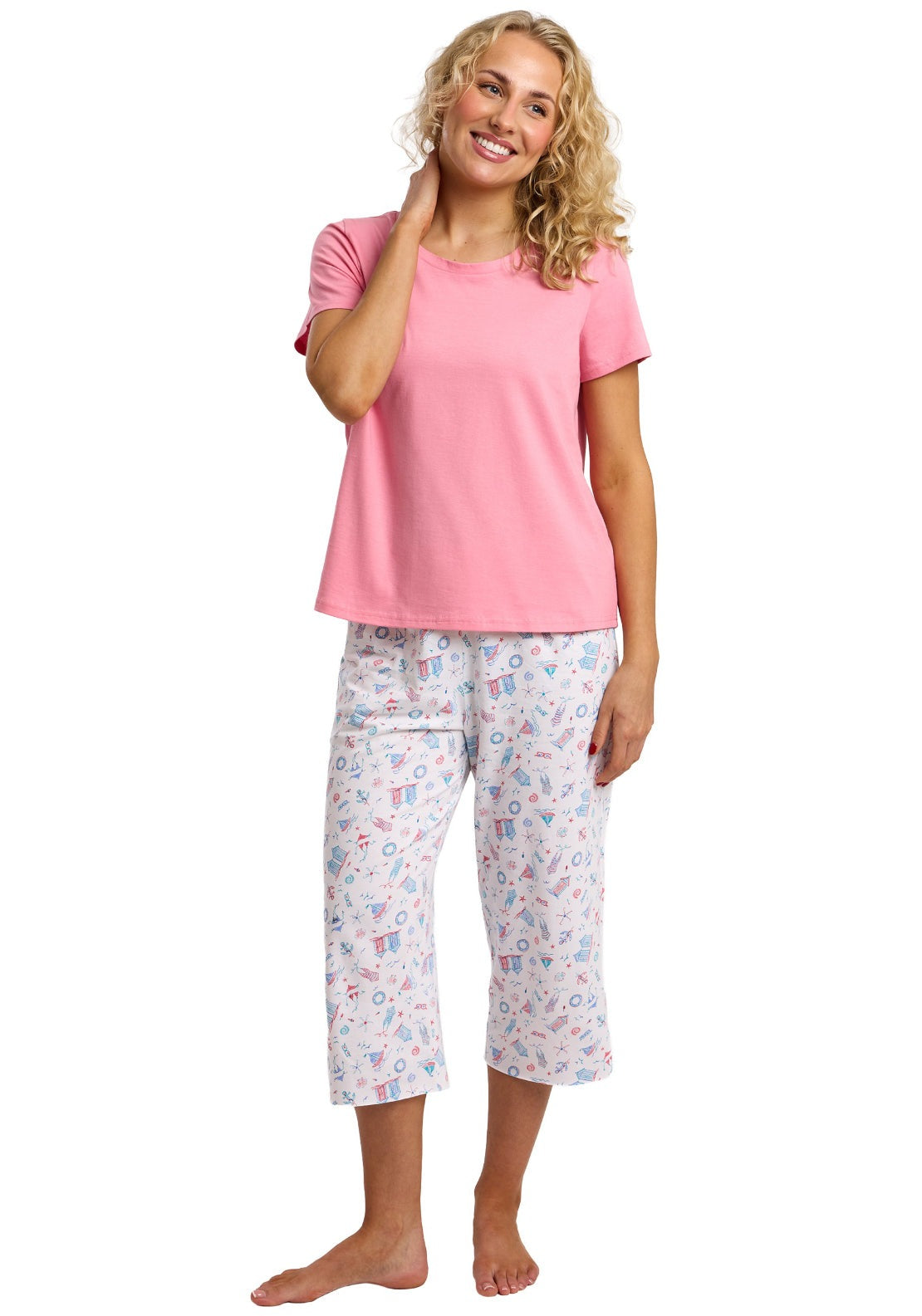 Indigo Sky 100% Cotton Beach Print Cropped Pyjama Set - Pink 3 Shaws Department Stores