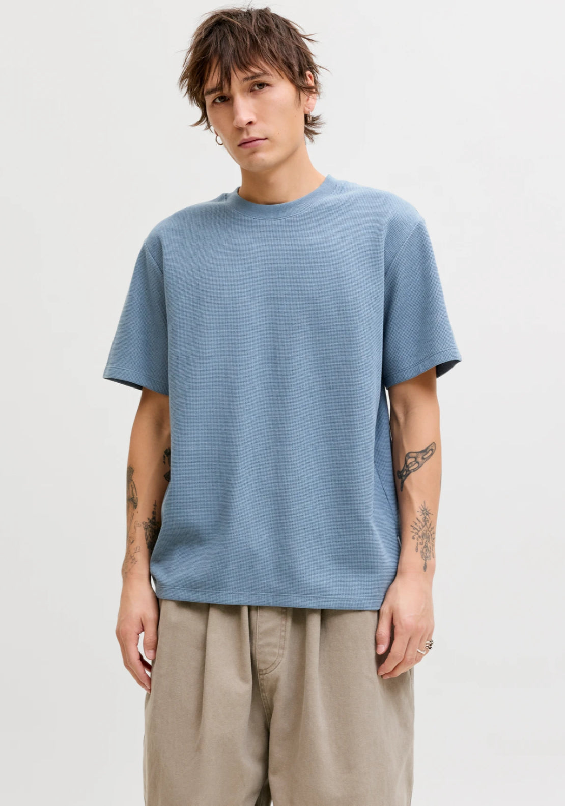 Jack & Jones Plain Textured T-Shirt - Blue 1 Shaws Department Stores