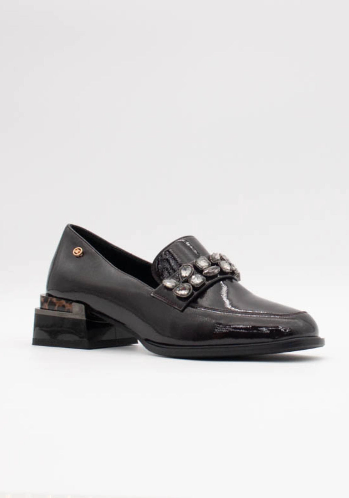 Diamante Square Toe Heeled Loafer - Port Patent