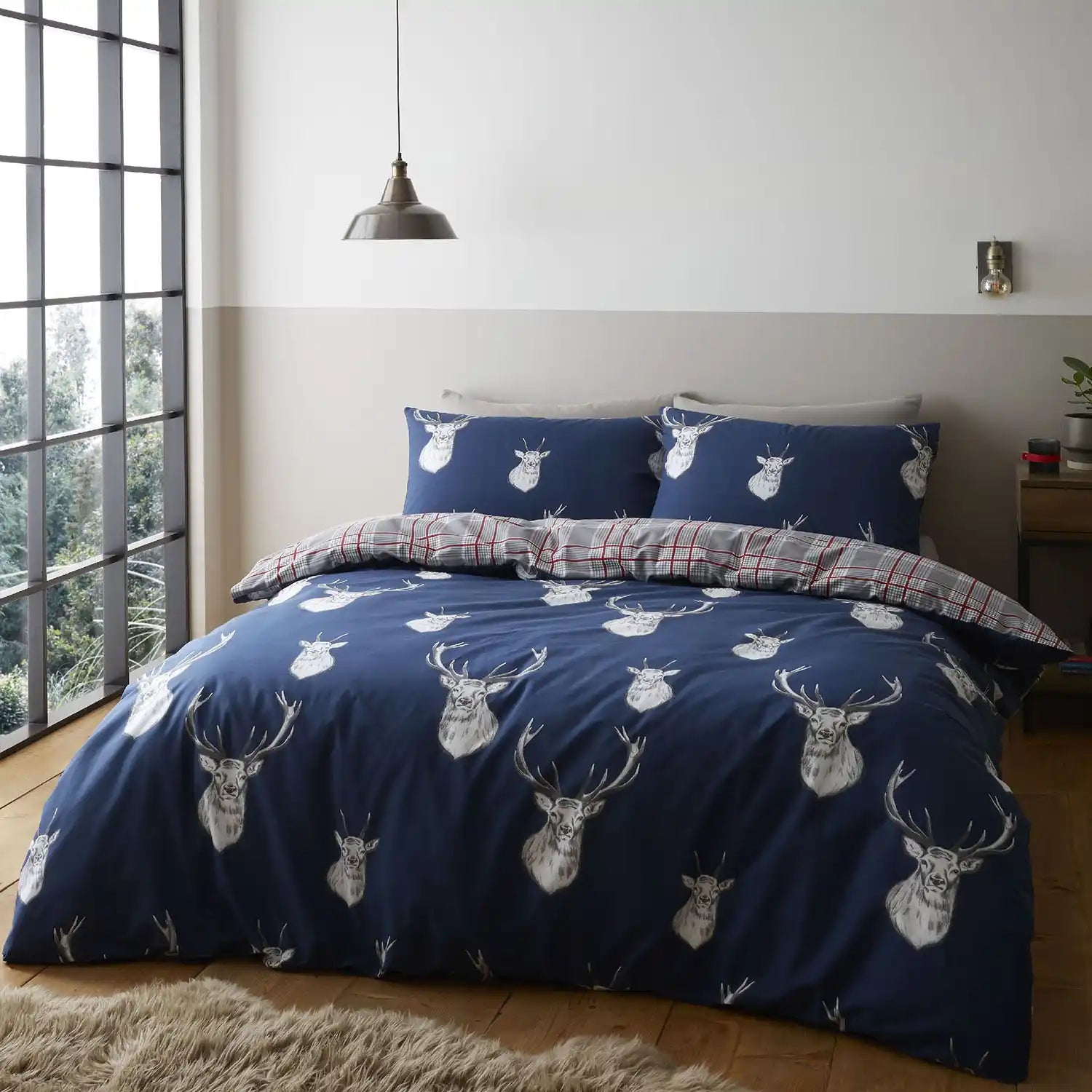 Catherine Lansfield Stag Check Duvet Cover Set With Pillowcases - Navy 2 Shaws Department Stores
