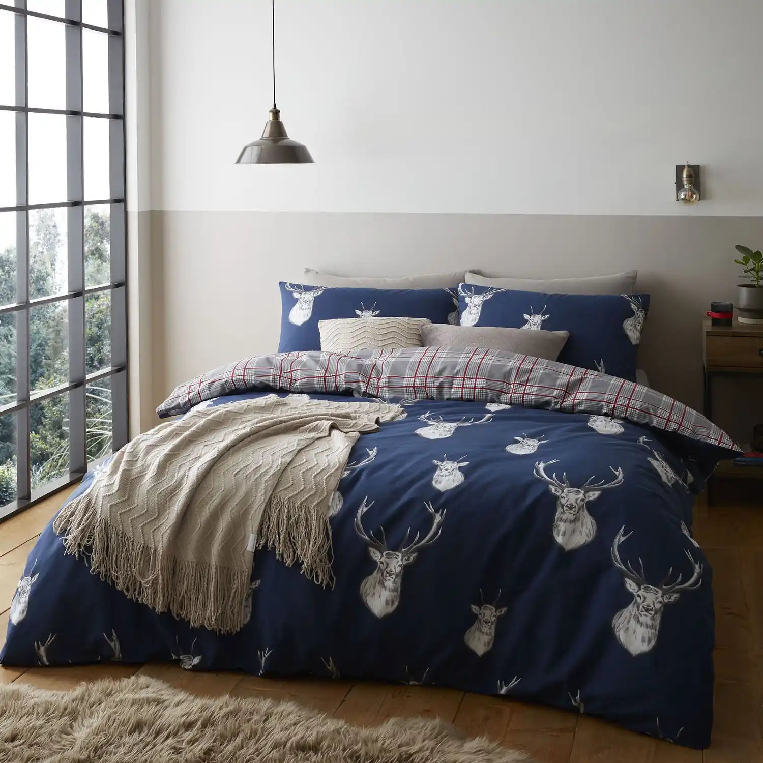 Catherine Lansfield Stag Check Duvet Cover Set With Pillowcases - Navy 1 Shaws Department Stores