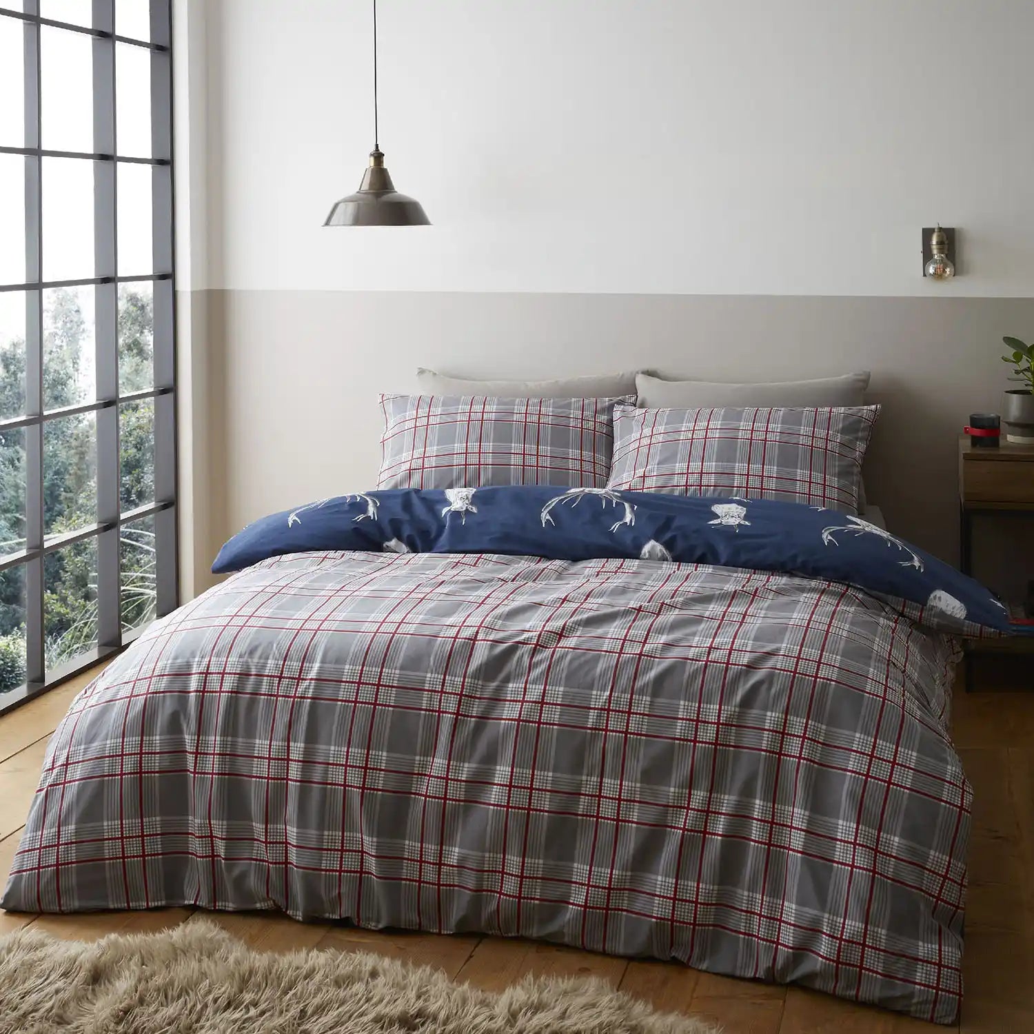 Catherine Lansfield Stag Check Duvet Cover Set With Pillowcases - Navy 3 Shaws Department Stores