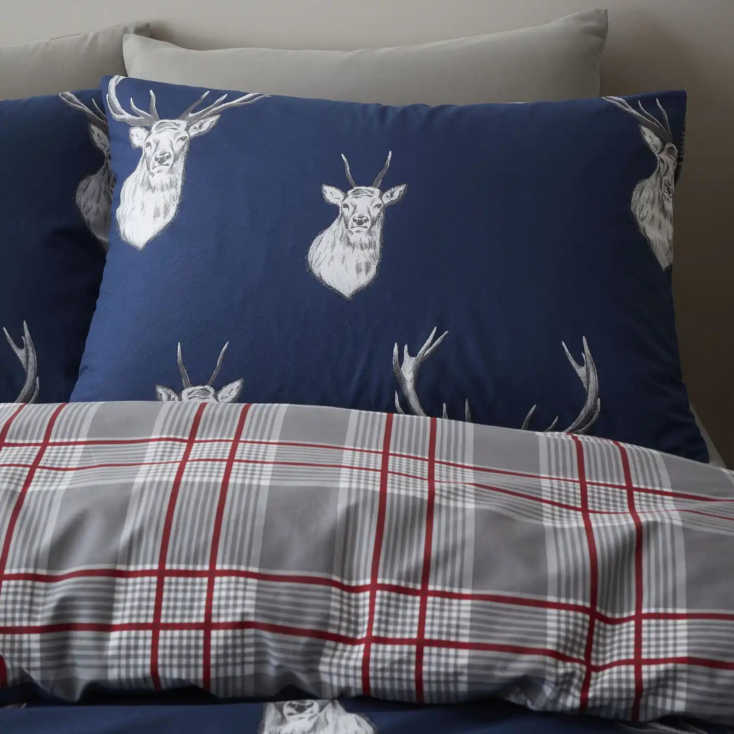 Catherine Lansfield Stag Check Duvet Cover Set With Pillowcases - Navy 4 Shaws Department Stores