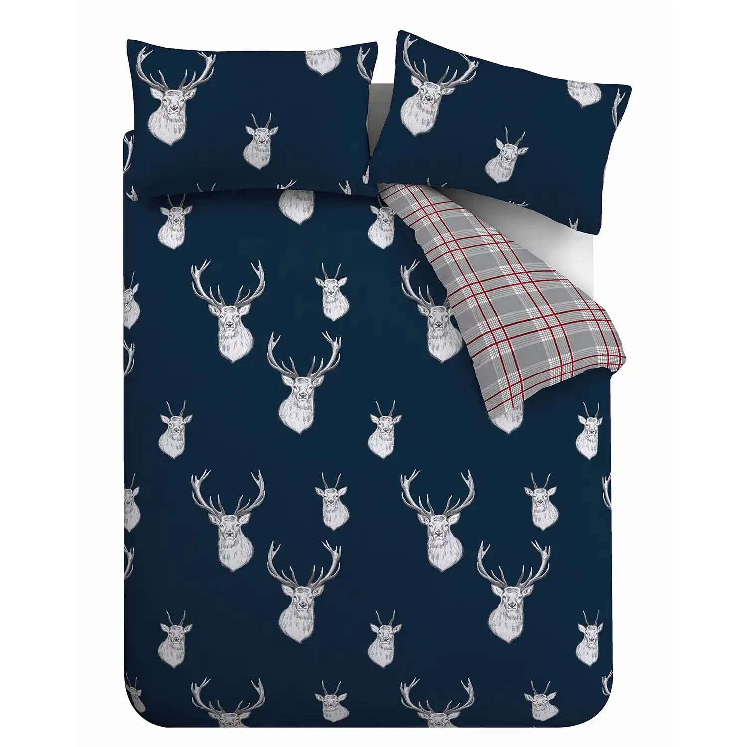 Catherine Lansfield Stag Check Duvet Cover Set With Pillowcases - Navy 6 Shaws Department Stores
